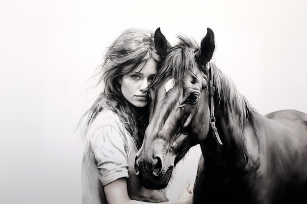 Afbeelding van mooie vrouw en paard die vriendschap uiten Dierenillustratie Generatieve AI