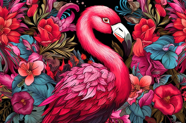 Afbeelding van patroonontwerp met behulp van flamingo en bloemen en bladeren Vogels Dieren in het wild Dieren Illustratie Generatieve AI