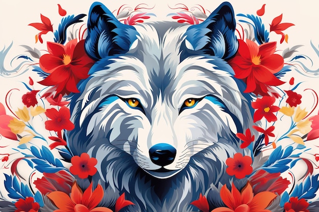 Afbeelding van patroonontwerp met wolf en bloemen en bladeren Wilddieren Illustratie Generatieve AI