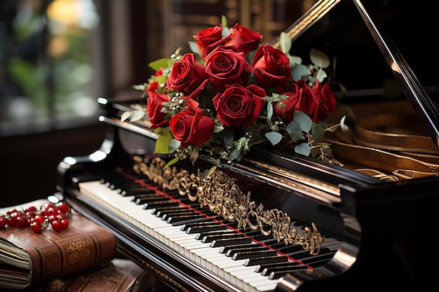 Afbeelding van pianotoetsen en roze bloemen