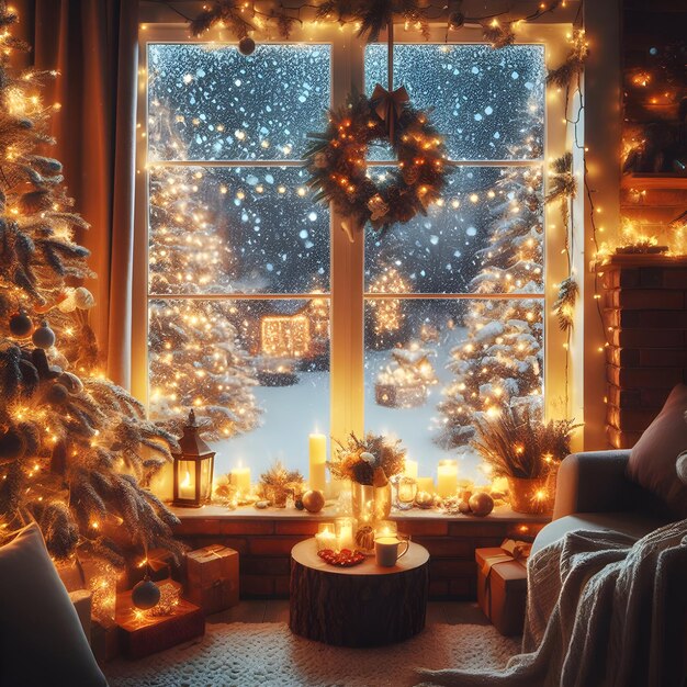 Foto afbeelding van sneeuwval en kerstboom lichten kaarsen gezellig warm huis