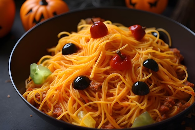 Afbeelding van spaghetti op een zwarte plaat met een Halloween-thema