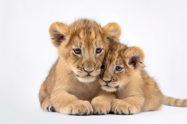 Afbeelding van twee leeuwenkinderen die elkaar knuffelen op een witte achtergrond Wilddieren Illustratie Generatieve AI