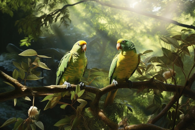 Afbeelding van twee parkieten die op de takken in het bos plakken Bird Wildlife Animals Genative AI Illustration