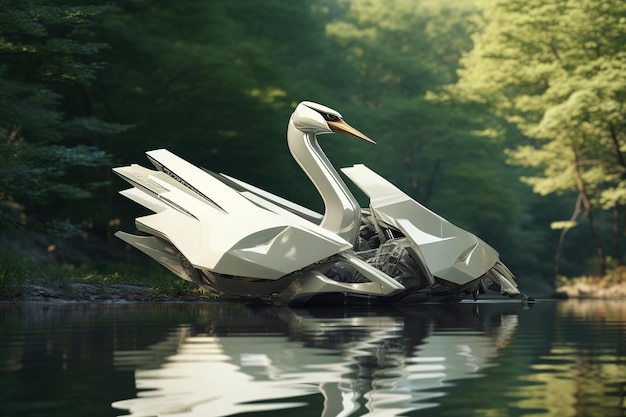 Afbeelding van witte zwaan elektronische gundam robottechnologie in het bos Wildlife Animals Generative AI Illustration