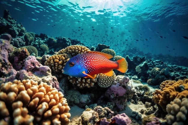 Afbeelding van zeevissen en koralen onder de zee Zeedieren Illustratie Generatieve AI