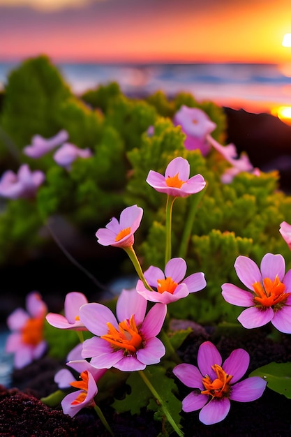 Afbeelding van zonsondergang met bloemen