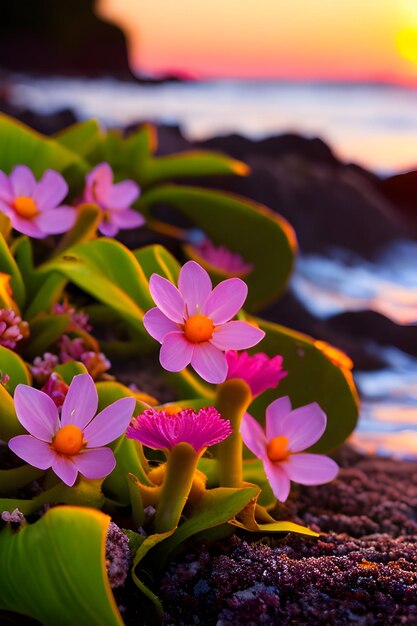 Foto afbeelding van zonsondergang met bloemen