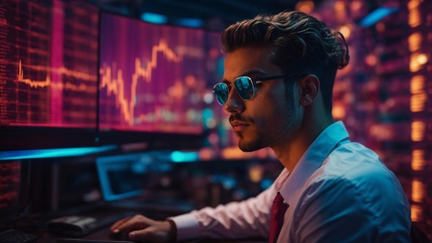 Afbeeldingen in 4K van Trader Joven met Barba en Gafas Analizando-afbeeldingen van Criptomonedas op Monitor van 32