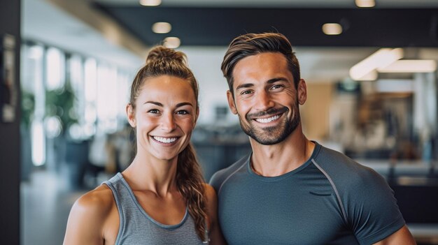 Afbeeldingen van een vrolijke man en vrouw vertegenwoordigen een succesvol idee voor een fitnessstudio GENERATE AI