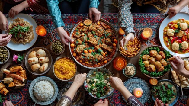 Foto afbeeldingen van het delen van maaltijden, vriendelijke daden en steun van de gemeenschap tijdens de ramadan met kopieerruimte