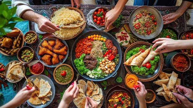 Afbeeldingen van het delen van maaltijden, vriendelijke daden en steun van de gemeenschap tijdens de Ramadan met kopieerruimte