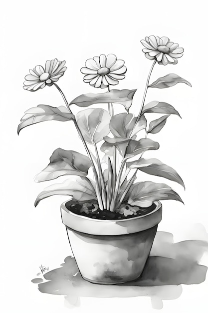 Foto afdrukbare daisy in een pot kleurplaat voor volwassenen artist's sketch