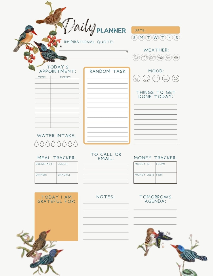 Foto afdrukbare sjabloon van de vogelplanner digitale lege pagina