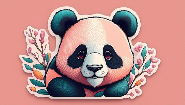 Foto afdrukbare sticker cartoon vriendelijke panda roze achtergrond