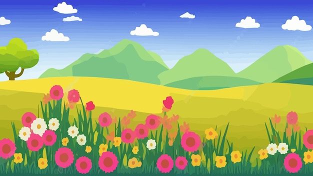 Afdrukken Lente dorp panorama met groene weide op heuvels met blauwe lucht vector zomer of lente landschap panoramisch dorp