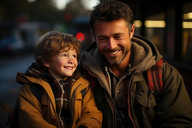 Affectief afscheid Ouders kussen het voorhoofd van hun zoon bij zonsopgang generatieve IA