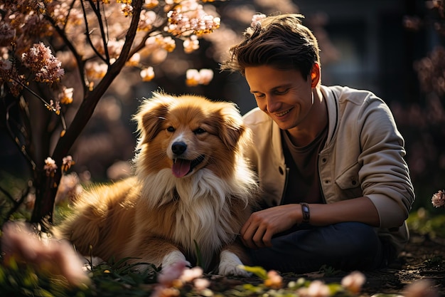 AFFECTIEVE VERZORGING Mens en hond genieten samen onder de zon generatieve IA