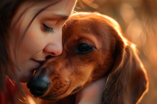 Photo affectionate adult with red dachshund dog for pet projects