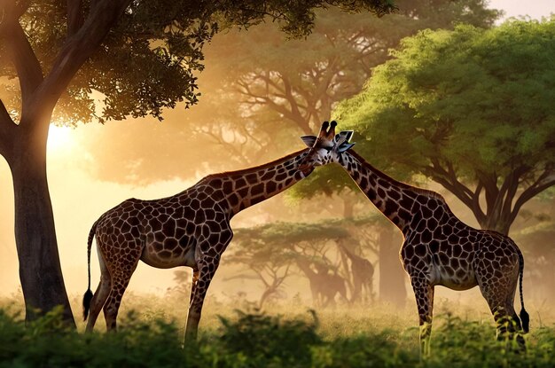 Affectionate african giraffes in natural habitat Two giraffes exhibit bonding behavior in a lush sav