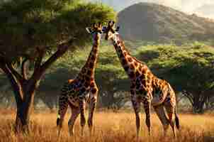 Photo affectionate african giraffes in natural habitat two giraffes exhibit bonding behavior in a lush sav