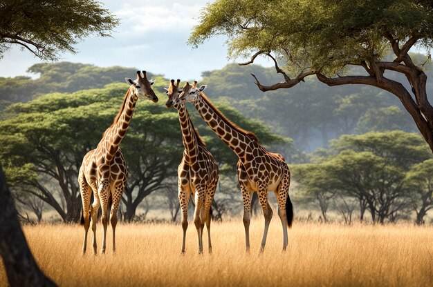 Affectionate african giraffes in natural habitat Two giraffes exhibit bonding behavior in a lush sav