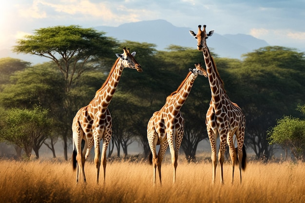 Affectionate african giraffes in natural habitat Two giraffes exhibit bonding behavior in a lush sav