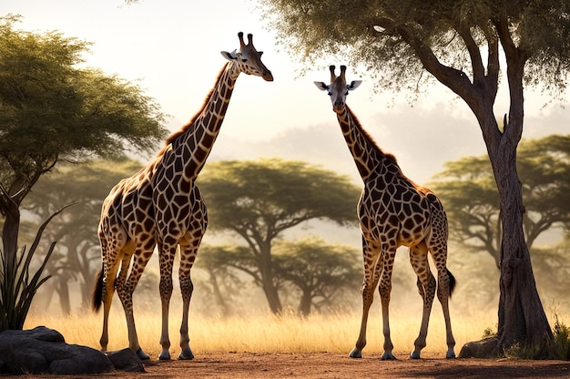 Photo affectionate african giraffes in natural habitat two giraffes exhibit bonding behavior in a lush sav