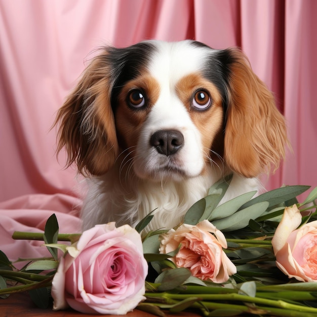 Affectionate Cavalier King Charles Spaniel in Blush Pink Studio