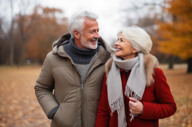 Влюбленная пожилая пара наслаждается прогулкой в холодном воздухе