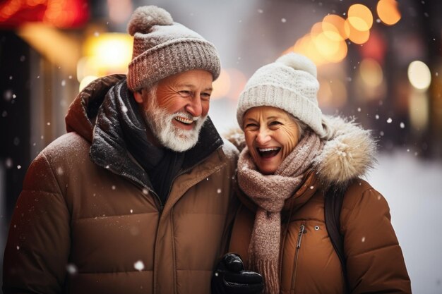 An affectionate elderly couple relishing a wholesome and romantic winter stroll together