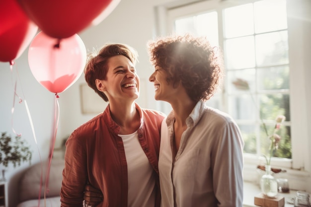 Affectionate happy lesbian lgbtq couple celebrates their anniversary