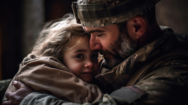 Affectionate military reunion between father and daughter Father hugging child Generative AI