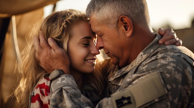 Affectionate military reunion between father and daughter