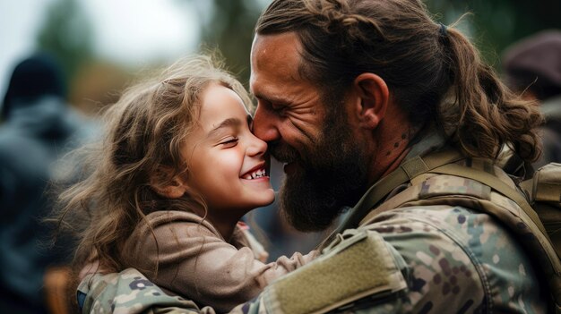 Photo affectionate military reunion between father and daughter