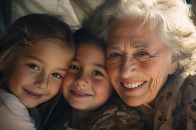 Photo affectionate moment captured on camera showing older woman embracing two young girls