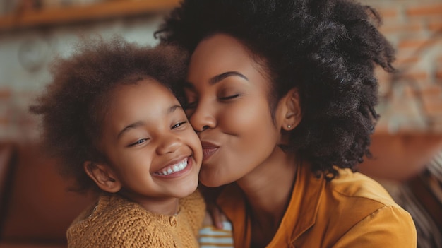 Photo affectionate mother kissing her joyful daughter on cheek showcasing a warm loving family moment
