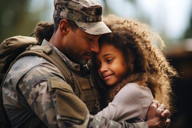 Photo an affectionate reunion between a military father and his daughter