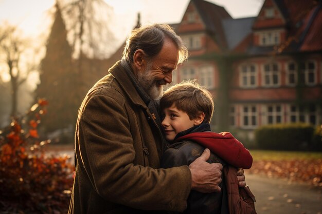 Affectionate School Send Off Man and Boy Embrace Generative Ai