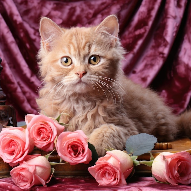 Photo affectionate selkirk rex in rose pastel studio