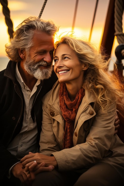 Affectionate senior couple on the boat at sunset created with generative AI