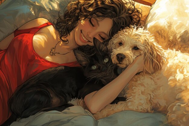 Affectionate trio A woman in a red top enjoys a loving moment with her black cat and curlyhaired dog radiating happiness and contentment