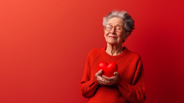 Affectionate Wisdom Elderly Female Expressing Love and Affection Isolated on Solid Background with Copy Space