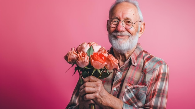 Affectionate Wisdom Elderly Male Expressing Love and Affection Isolated on Solid Background with Copy Space