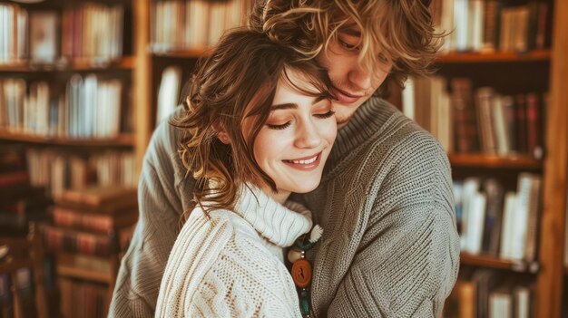Photo affectionate young couple embracing and smiling in a cozy library room surrounded by books
