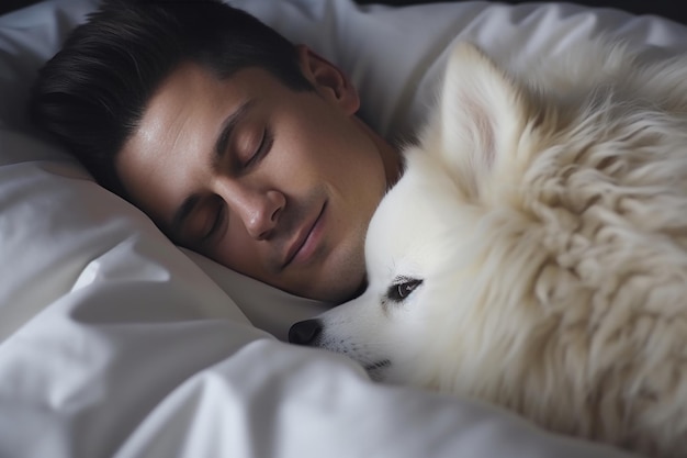 写真 親切な若い男が自宅の快適な白いベッドで忠実な犬と平和に眠っています