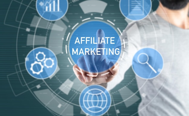 Photo affiliate marketing and icons on virtual screen