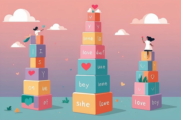 Affirmation Tower Building SelfLove with Positive Blocks Flat Style Vector