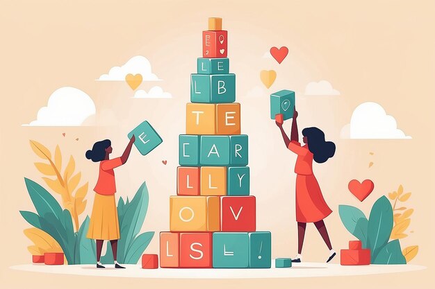 Affirmation Tower Building SelfLove with Positive Blocks Flat Style Vector