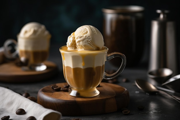 Affogato coffee with ice cream on a cup